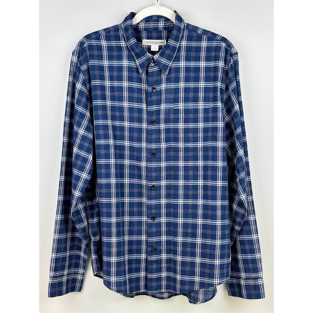 Outerknown Men's Shirt Blue Plaid Long Sleeve Button Up Lightweight